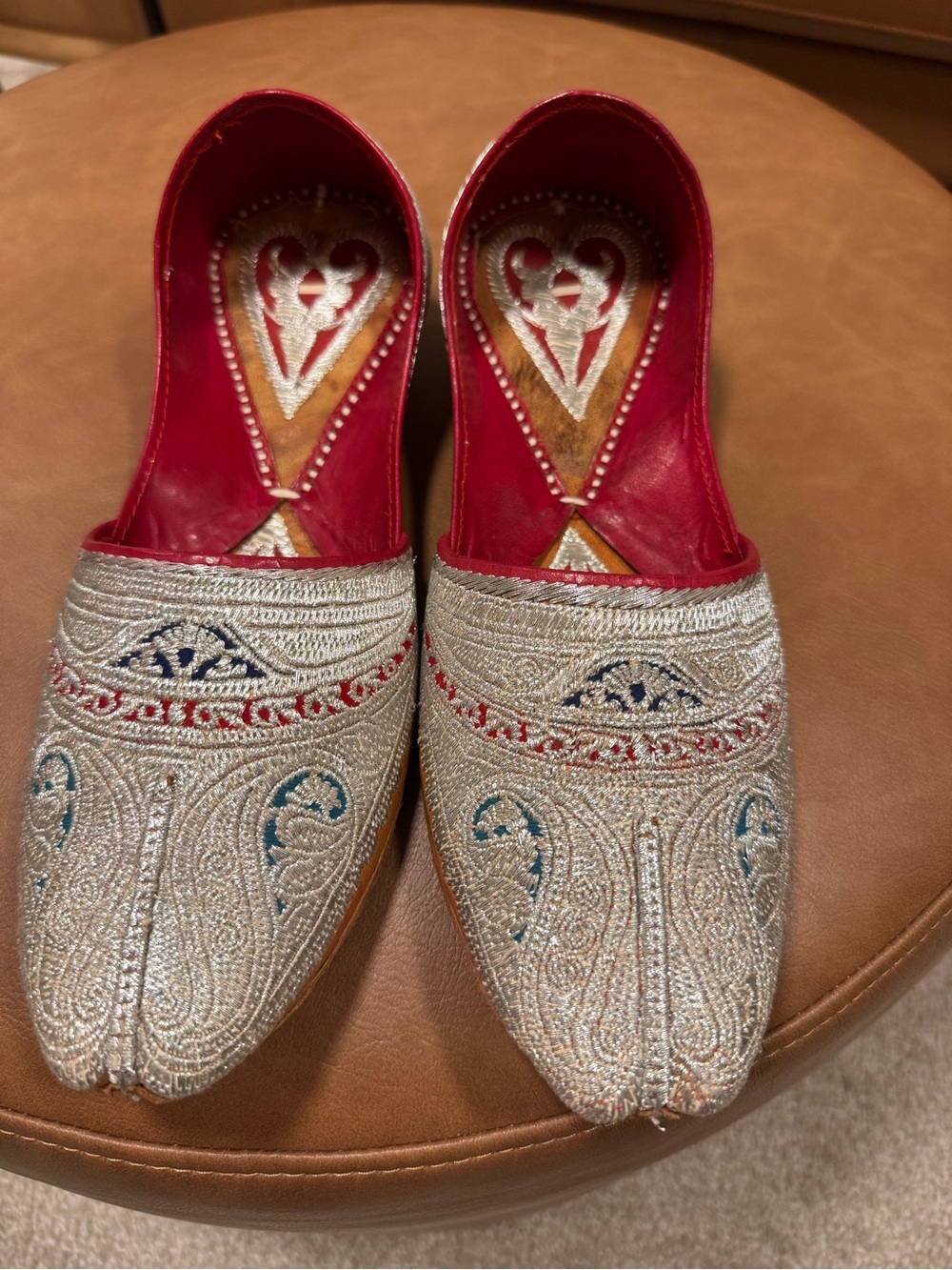 Traditional Embroidered Silver Flats with Red Lining